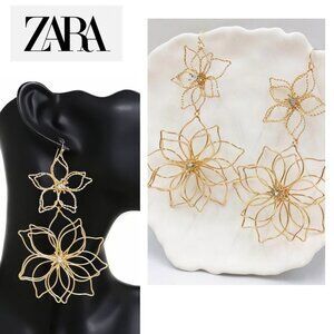 ZARA NEW Double Flower Gold Dipped Rhinestone Accent Wired Dangle Earrings
